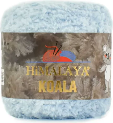 A ball of light blue, fluffy yarn with a label showing the brand name and a cartoon koala.