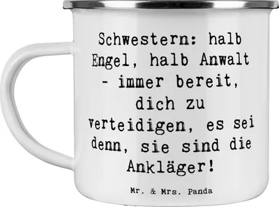 Produktbild von Mr. & Mrs. Panda Pott Spruch Schwesternwunder - Weiß - Geschenk, liebevoll, geschwisterstreit, Familiengeschenk, Jubiläen, Geschenke, Reisebecher, Emaille Tasse, Teetasse