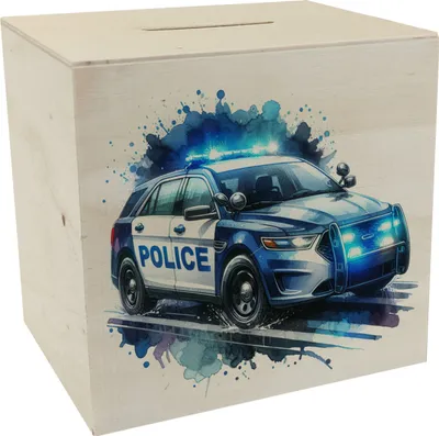 Produktbild von Polizeiauto im Einsatz Spardose aus Holz