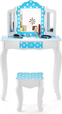 Produktbild von 2 in 1 Kinder Schminktisch mit Hocker & Dreifach Klappbarem Spiegel & Schublade Punkt Blau