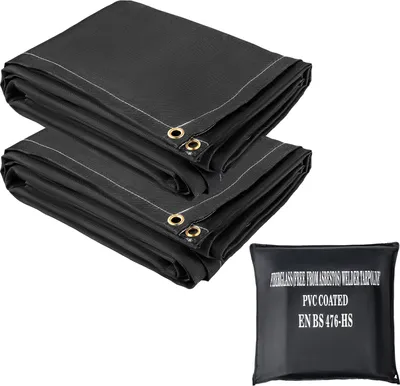 Image de SucceBuy Couvertures anti-incendie, lot de 2 couvertures de soudure. couverture anti-feu de 8' x 10'. Ignifugée jusqu'à 1022°F. Couverture anti-incendie en fibre de verre noire avec 12 œillets en laiton pour plus de sécurité