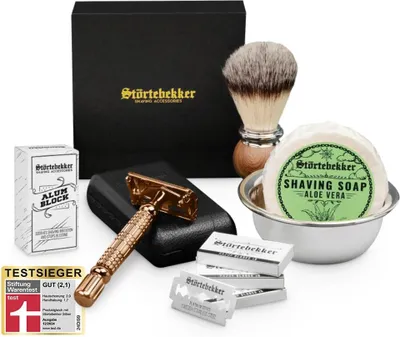 Produktbild von Störtebekker® Premium Rasierset - Rasierhobel Rosé - Gold – inkl. Echtlederetui (Schwarz) - Rasierseife Aloe Vera Duft - Rasurset / Bartpflege Set