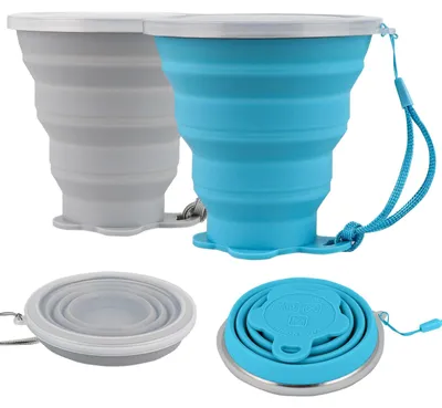 Produktbild von Faltbarer Silikonbecher, 320 ml - Set mit 2 Stück - Mit Deckel - Zum Kochen und in der Küche - Für Reisen und Camping