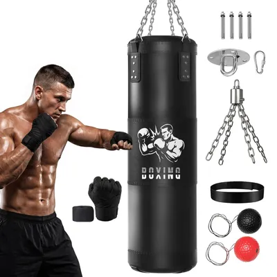 Produktbild von Boxsack Sandsack Standboxsack - 120 cm - Ungefüllt - Boxbandagen und Reflexball - Für Boxen, Muay Thai und Kickboxen