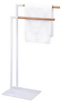 Immagine prodotto di Portasciugamani da terra bianco con aste in legno - Porta asciugamani doppio per il bagno - Stile minimalista con base in metallo stabile - Nessuna