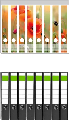 Produktbild von Wallario 8 Stück schmale Ordner inkl. Klebeetiketten mit Motive Mohnblumenblüten -  Set mit Rückenschildern / Ordnerrücken Stickern
