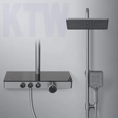Image de EMKE Système de douche avec thermostat tablette en verre douchette 3 jets douche à effet pluie, robinetterie de salle de bains & douche, KTW, gris - F09