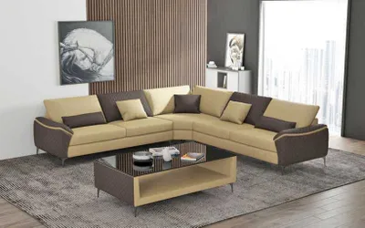 Produktbild von Eckgarnitur Ledersofa Ecksofa L Form Design Couch Sofa Beige Luxus