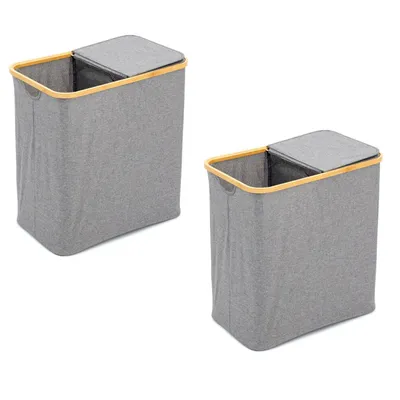 Produktbild von Wäschesortierer 90L – 2-Fächer Wäschebox mit Deckel 53,5 x 33 x 56 cm faltbarer Wäschekorb aus Holz & Polyester Wäschesammler für Bad & Schlafzimmer