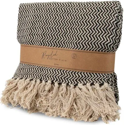 Produktbild von Unyqoos® Plaid – Wohndecke aus recycelter Baumwolle, Fischgrätmuster, 180 x 130 cm, Schwarz