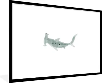 Produktbild von MuchoWow® MuchoWow® Gerahmtes Poster Hai - Aquarell - Grau 90x60 cm - Poster mit zchwarzem Bilderrahmen - Wanddekoration - Fotos