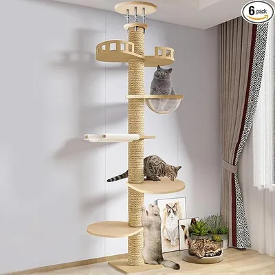 Produktbild von Kratzbaum, Deckenspanner Kratzbaum für große Katzen, Höhenverstellbarer XXL Katzenturm mit 6 Ebenen, Stabiler Kratzbaum aus Massivholz & Hanfseil, Kratzbaum für schwere Katzen (315 cm)