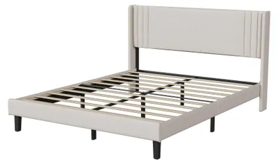 Produktbild von Bett - Plattformbett 160 x 200 cm - Modernes Design - Stoffbezug - Holzrahmen - Einfache Montage - Beige