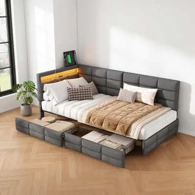 Immagine prodotto di Divano letto giornaliero INONEFT, 90x200 cm, letto singolo con 2 cassetti, letto imbottito con LED e porta USB, letto per ragazzi con rete a doghe, colore: lino, grigio