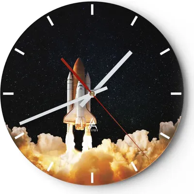Produktbild von Wanduhr - Rund - Glasuhr - Abheben Rakete Kosmos - 30x30cm - Schleichendes Uhrwerk - Lautlos - zum Aufhängen bereit - Dekoration Modern - Wanddekoration aus Glas - C3AR30x30-4531
