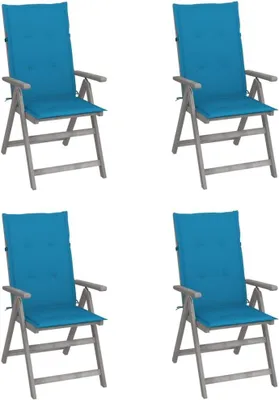 Produktbild von Set aus 4 Gartenstühlen aus Akazienholz mit blauem Kissen, Armlehnen und Rückenlehne mit 5 verstellbaren Positionen für Terrasse und Außenbereiche
