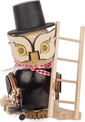 Produktbild von Räucherfigur Eule Schornsteinfeger mit Zylinder und Leiter BxHxT 16x19x12cm NEU