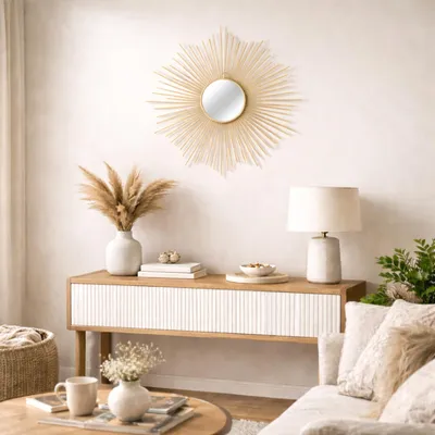 Hängespiegel Wandspiegel Dekospiegel Sonne Metall Gold Ø65cm