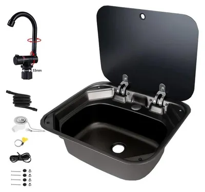 Produktbild von Wohnmobil Spülbecken SC002 - 50x43 cm - 304 Edelstahl - gehärteter Glasdeckel - klappbarer Warm/Kalt Wasserhahn - schalldämmende Bodenmatte - schwarz