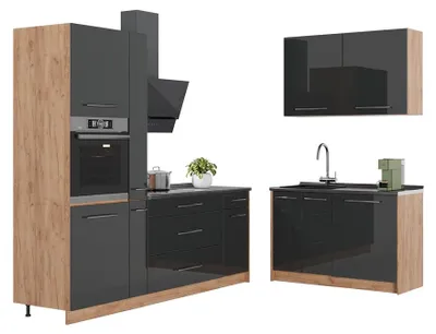 Produktbild von Küchenzeile Vicco Fame-Line Anthrazit Hochglanz/Goldkraft Eiche 220 x 120 cm ohne Arbeitsplatte, Model 64978
