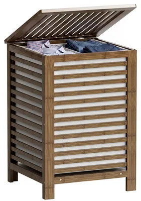 Wäschekorb 120L Bambus mit Deckel, 2 Fächer, Walnuss