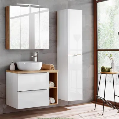 Produktbild von Badmöbel Set mit Keramik-Aufsatzwaschbecken TOSKANA-56 Hochglanz weiß & Wotaneiche BxHxT ca. 135/190/46cm