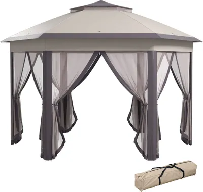 Produktbild von Outsunny Pavillon 4x4m Wasserdicht Pop-up sechseckiger Faltpavillon, Doppeldach, Gartenpavillon mit 6 Seitenteilen, Partyzelt inkl. Tragetasche