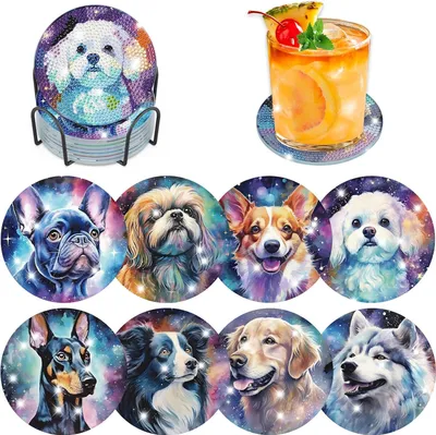 Produktbild von Lxmsja 8 Stück Diamond Painting Untersetzer Hund mit Halter, Diamond Painting Hund, Diamond Painting Bilder für Erwachsene, Diamond Cup Untersetzer mit Kork, kreative Bastelset für Erwachsene und Frauen
