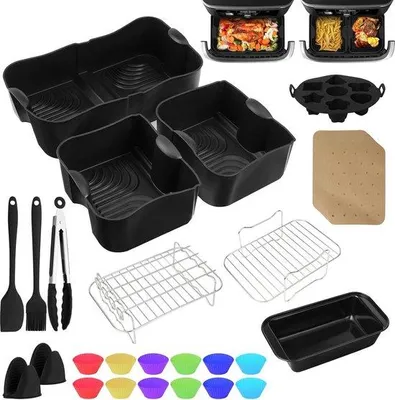 Produktbild von Silikon-Papier-Set für Luftfrittiergerät - Doppeltes Set - Grill- und Backpapierset zum Airfryer - Zubehör für Frittierschalen