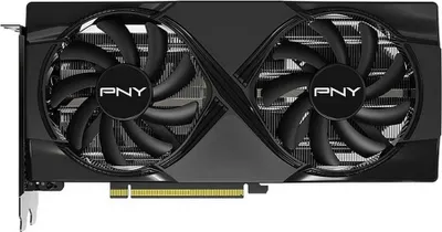 A close-up, front-facing studio shot of a black graphics card with two fans.