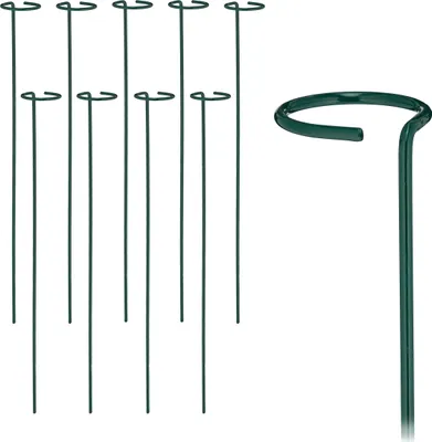 Immagine prodotto di Relaxdays Pali per piante in metallo, set da 10, pali con anello, pali da giardino in metallo, supporti per rampicanti, lunghezza 60 cm, verde scuro