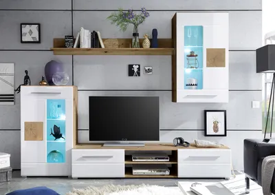 Produktbild von Wohnwand Schrankwand Anbauwand TV-Wand Mediawand Wohnzimmerwand "Goran I" Artisan Eiche / Weiß-Hochglanz