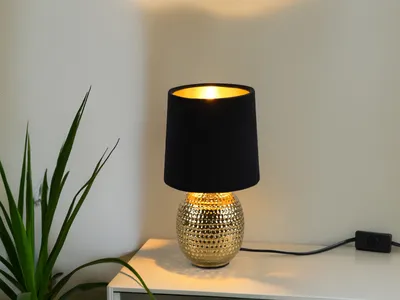 Produktbild von LED Tischleuchte Landhaus Schwarz/Gold Keramikfuß Samtschirm Nachttischleuchte