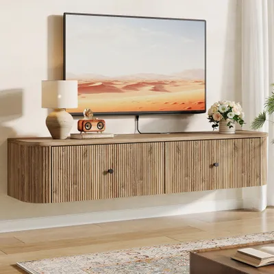Zdjęcie produktu dla Półka pod telewizor Tribesigns do montażu na ścianie, konsola ścienna o długości 140 cm z 2 żłobkowanymi szufladami, nowoczesna półka pod telewizor do salonu