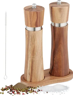 Produktbild von Relaxdays Salz und Pfeffermühle 2er Set, manuell, Untersetzer, Keramikmahlwerk, Akazienholz & Edelstahl, braun/silber