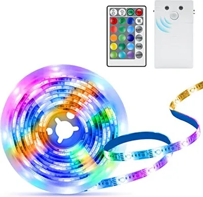 Produktbild von Zaiyw LED-Streifenleuchten, Bewegungssensor, Batterie betrieben, 60 RGB warmes Weiß, 2 m, selbstklebende Nacht-Fernbedienungs-Kontrollflur, Treppensch