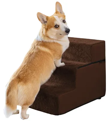 Produktbild von Hundetreppe für kleine Hunde - 3 Stufen Hunde Treppe 43cm hoch - Schaumstoff Hundetreppe Sofa - Sicher und stabil - Abnehmbarer waschbarer Bezug - Anti-Rutsch-Boden - Haustiertreppe Hund Braun