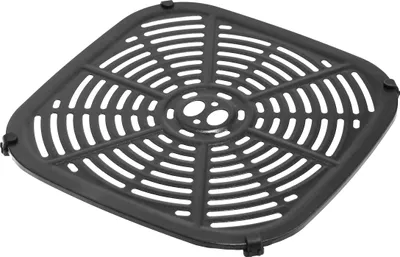 A black air fryer grate is shown from a slightly elevated angle against a white background.