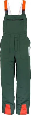 A full-body shot of green overalls with orange accents on a white background.