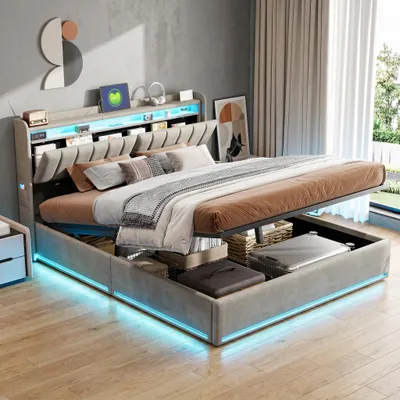 Produktbild von INONEFT Polsterbett 140x200cm mit Stauraum, Hydraulisches Boxspringbett mit LED-Beleuchtung und USB, Doppelbett mit Holzlattenrost und Samt, Grau