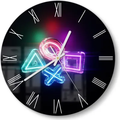 Produktbild von DEQORI Glasuhr Ø30 cm Römisch 'Neon Gaming Symbole' Wanduhr Glas Uhr Design leise Küchenuhr