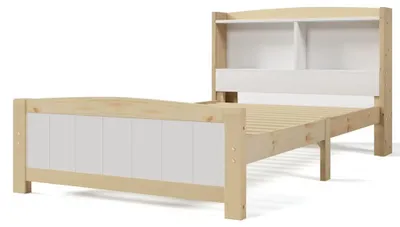 Obrázek produktu pro Jednolůžko - Rám postele - 90 x 200 cm - Čelo postele s úložným prostorem - Rošt - Masivní borové dřevo - Včetně matrace - Bílá barva