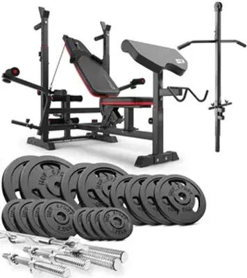 Produktbild von Hop-Sport multifunktionale Hantelbank HS-1075 - mit Curlpult & Latzugturm - inkl. 106 KG Gusseisen Hantelset Lang-, Curl- & Kurzhantelstange, Gewichte