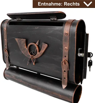 Produktbild von Briefkasten Retro alter Koffer mit Posthorn Postkasten mit Zeitungsfach Vintage Schwarz Gold Kupfer Silber Wandbriefkasten Antik Design - Farbe: Schwarz-Kupfer | Entnahme: Rechts