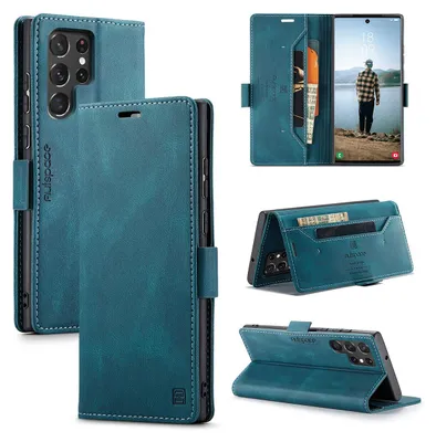 Image de Étui pour Samsung Galaxy S23 Ultra, étui rétro en cuir PU, support et étui de protection bleu