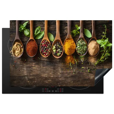 Obrázok produktu pre KitchenYeah® Kryt na sporák lyžica - bylinky - korenie - drevo, 81x52cm, kuchynská dekorácia, keramický kryt na varnú dosku, krycia doska na varnú dosku