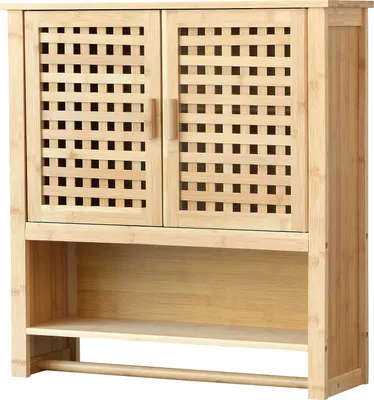 Produktbild von Badezimmerschrank Borlänge Bambus Wandschrank Hängeschrank mit Handtuchhalter Badschrank 3 Ablagen, 2 Türen stehend  66 x 62 x 20 cm