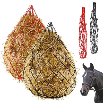 Zdjęcie produktu dla Siatka na siano dla koni slowfeeder - 2 szt. - Czarna i czerwona - 91 cm - Oczka 12,7 x 12,7 cm