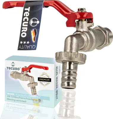 A faucet with a red handle and a packaging box.