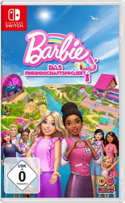 The image shows the cover art for the Nintendo Switch game 'Barbie: Das Freundschaftsprojekt'. It features Barbie characters and a colorful, cartoonish landscape.